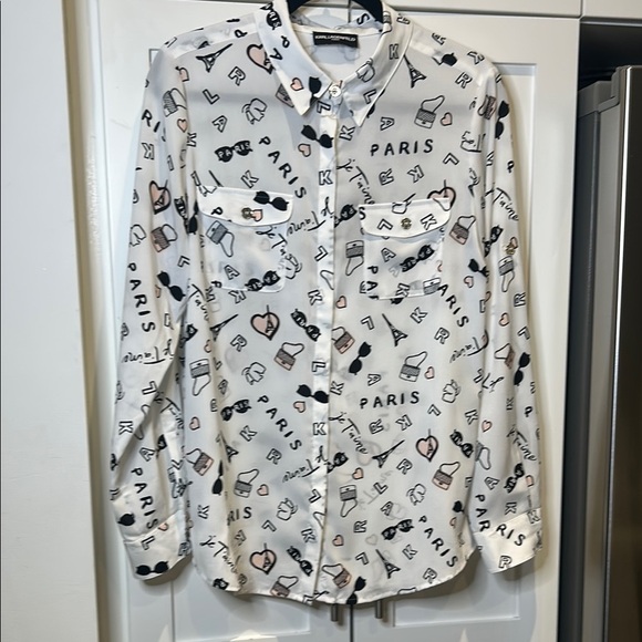 Karl Lagerfeld French Streets Roll Sleeve Button Down Blouse White & Black Sz M - Picture 5 of 17